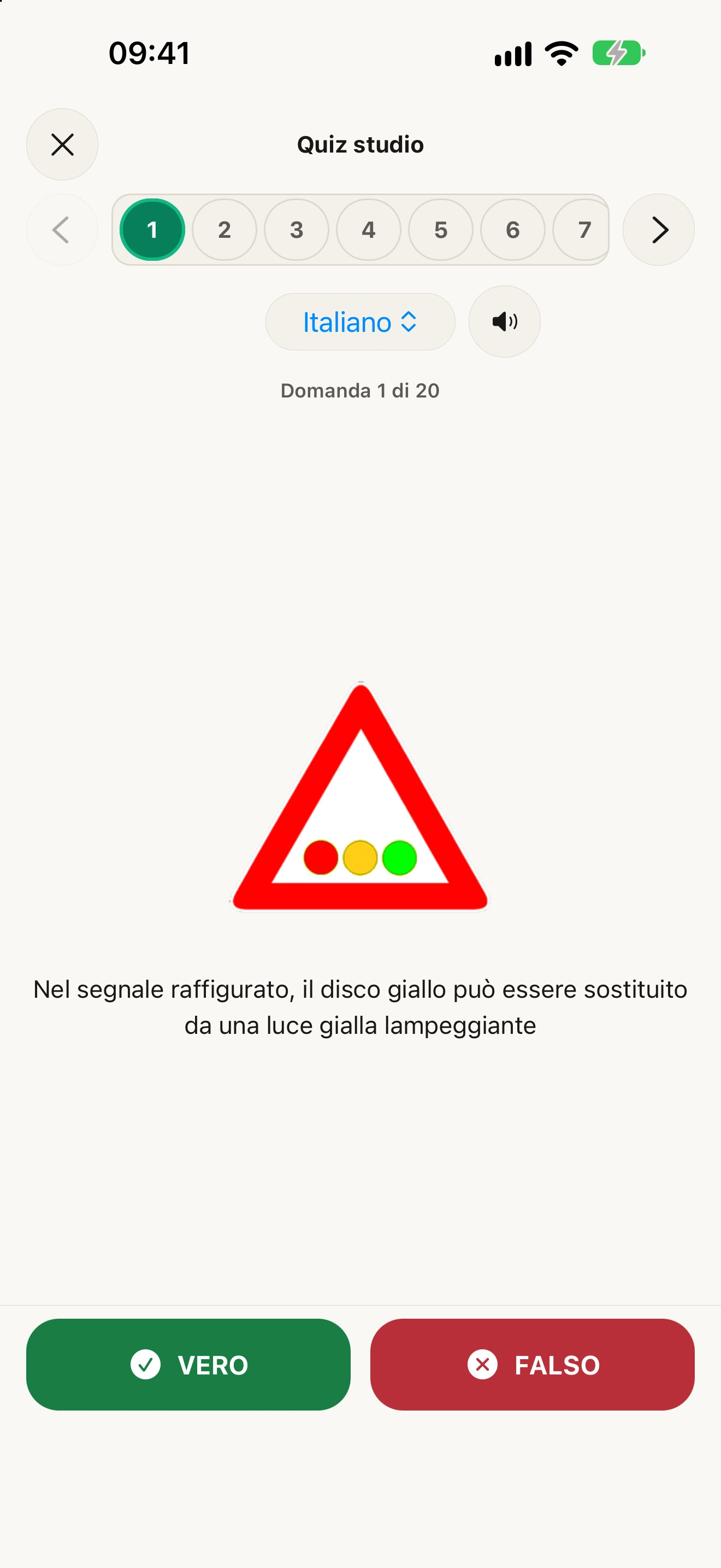 Quiz dell’app con il segnale di semaforo e i pulsanti Vero e Falso